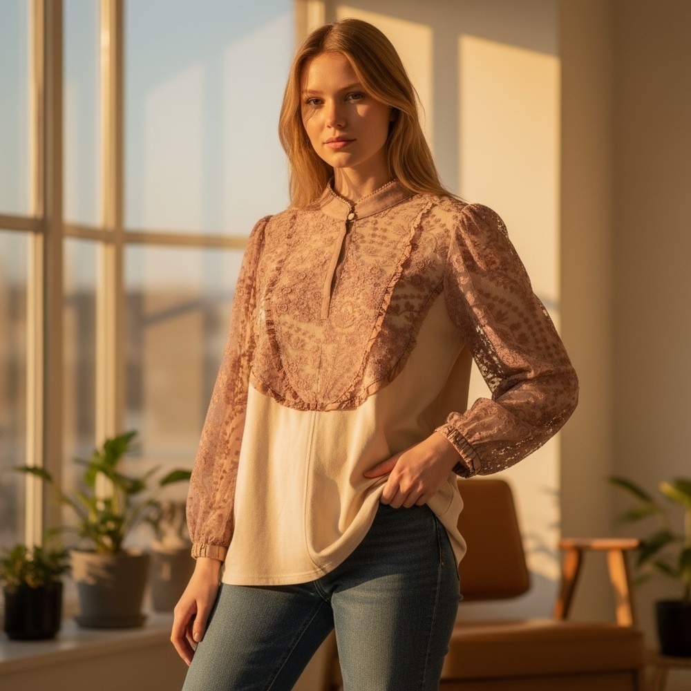 Anthropologies TINY Soft Cream lace long sleeve Top